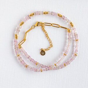 Pink Amethyst Heishi Beaded Necklace Waterproof Gold Gemstone Necklace